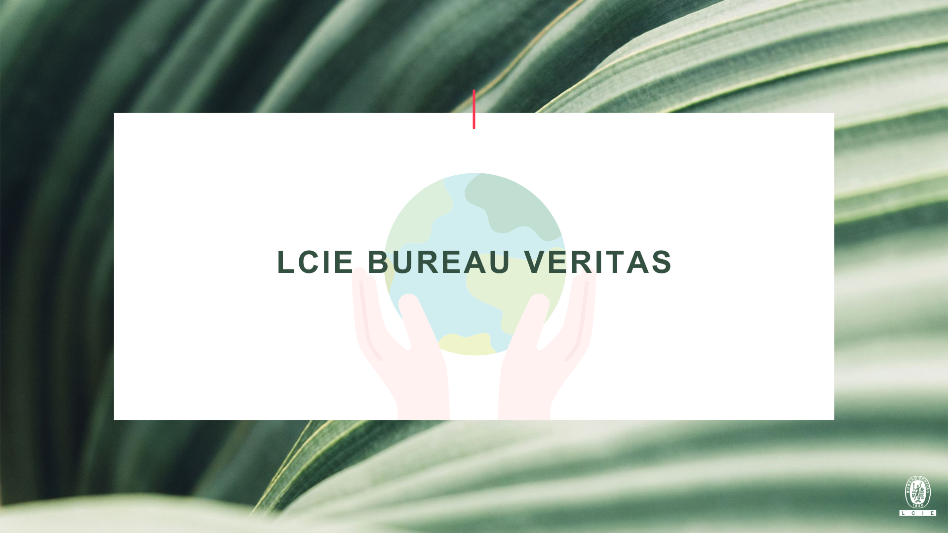 LCIE Bureau Veritas logo with hands holding a globe on a background of green leaves