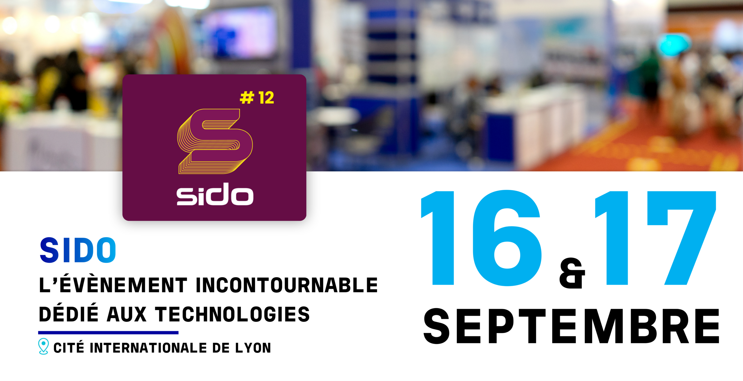 Purple SIDO badge reading '#12' with a yellow logo in front of a blurred expo background, Lyon event poster