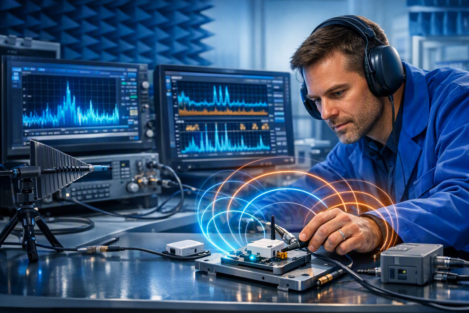 Engineer in blue overalls wearing headphones tests a circuit at a lab bench with multiple screens showing waveforms; glowing signal rings illustrate wireless testing.