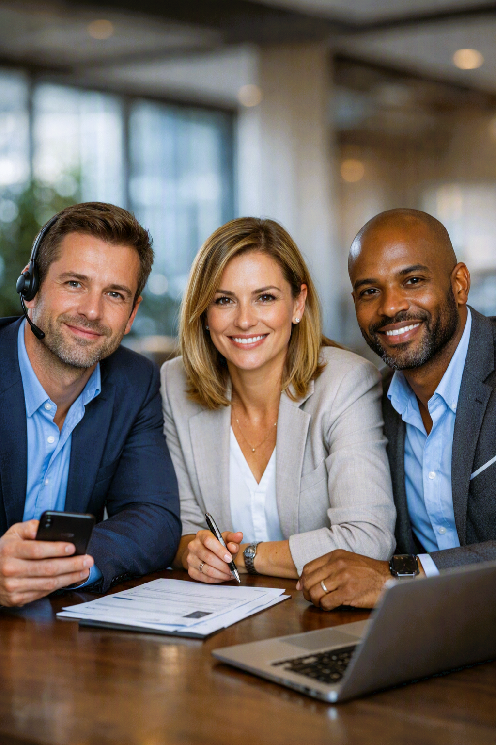 Three professionals in business attire sit at a desk with documents and a laptop, smiling at the camera.