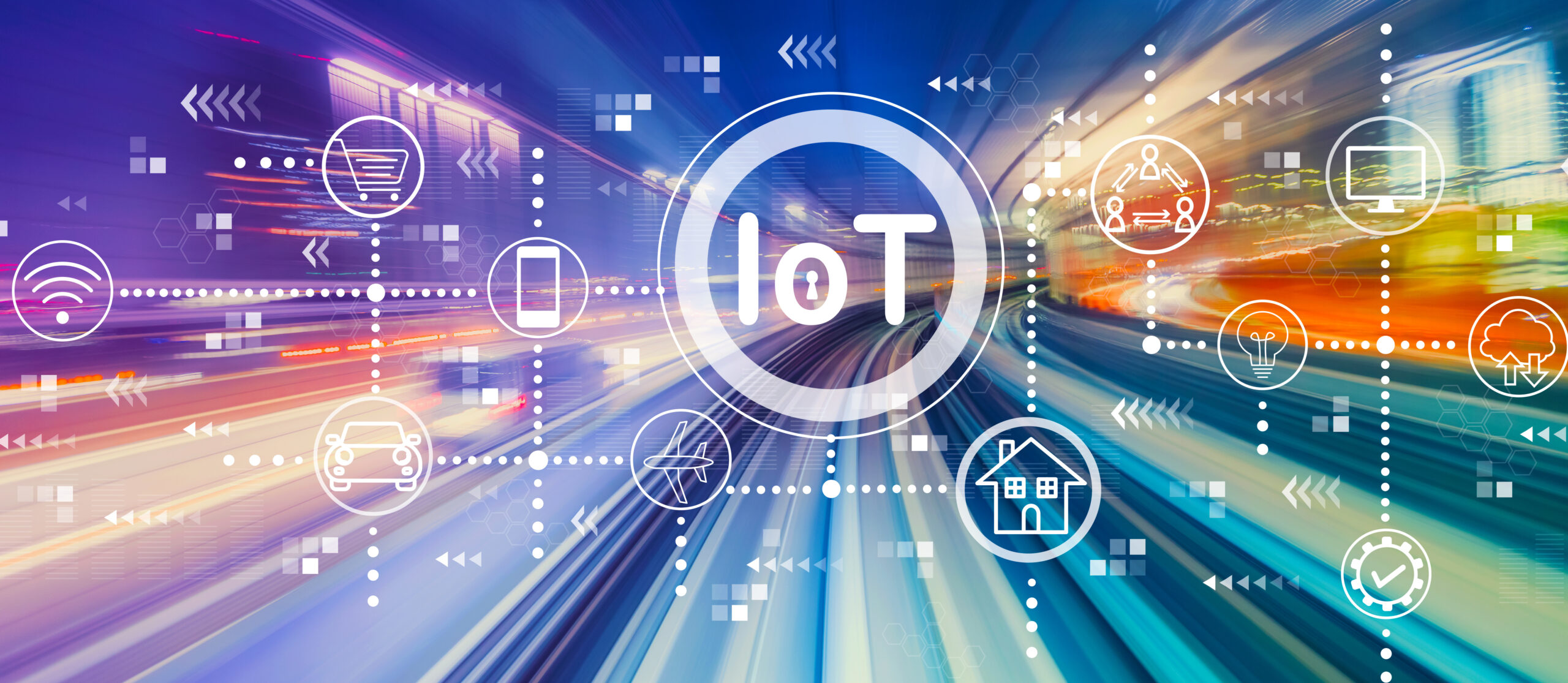 Central IoT graphic with connected icons (home, car, mobile, computer) on a vibrant blur background.